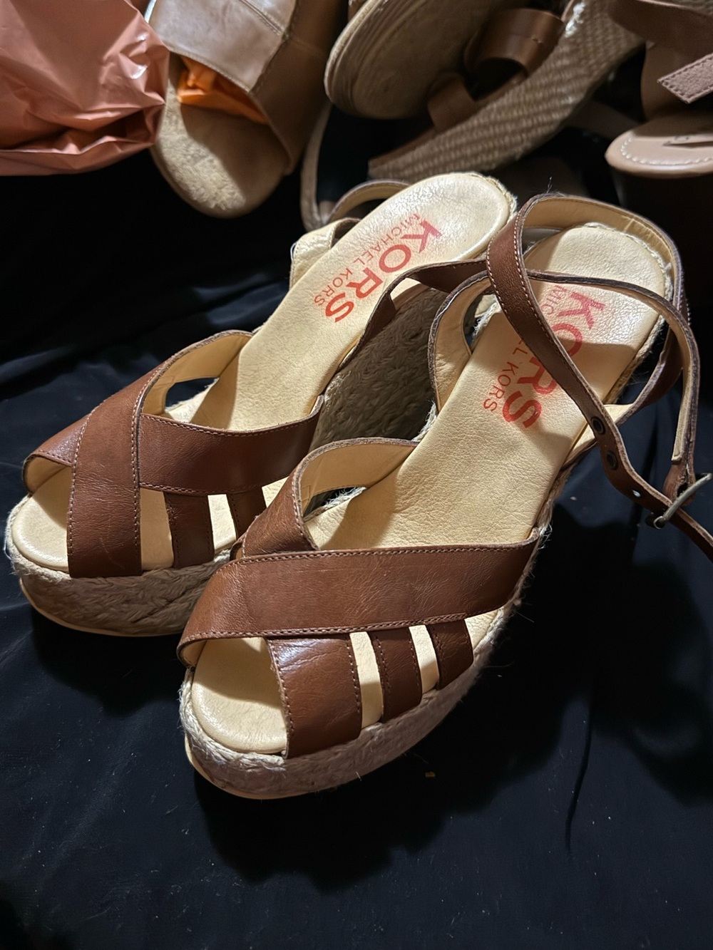 Michael Kors Tan Leather Espadrille Wedge Sandals